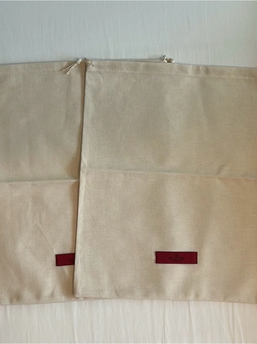 2 Valentino Garavani Natural Canvas Dust Shoe Bags with Red Logo Patch